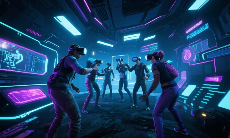一群玩家在虚拟现实环境中合作探险，周围充满科技感与未来元素