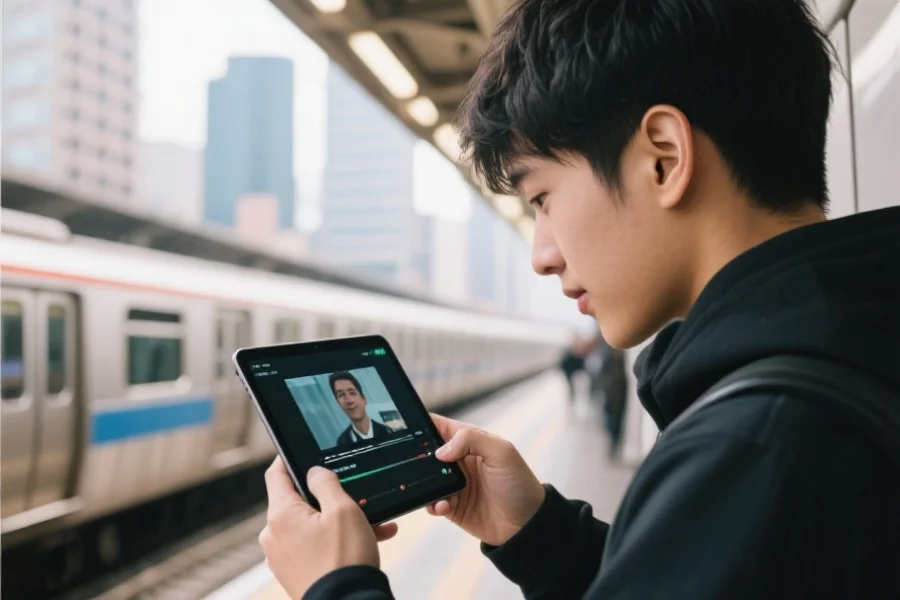 年轻人在地铁或户外使用平板或手机观看离线下载的视频，背景为城市环境