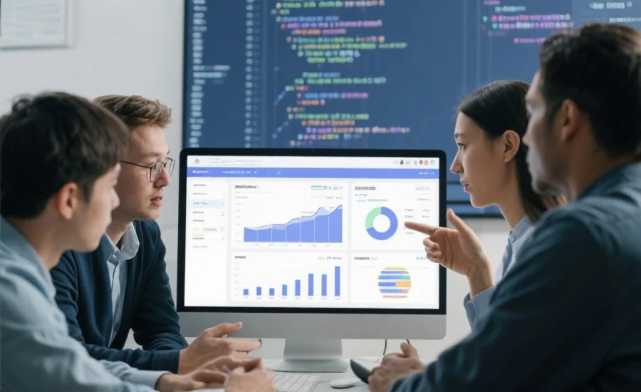 一支专业技术团队正在讨论和优化娱乐平台系统，电脑屏幕上展示着数据图表和代码